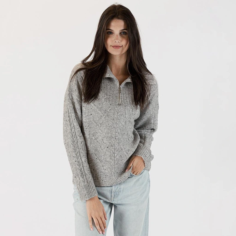 3/4 Zip Ribbed Sweater Light Grey Fleck